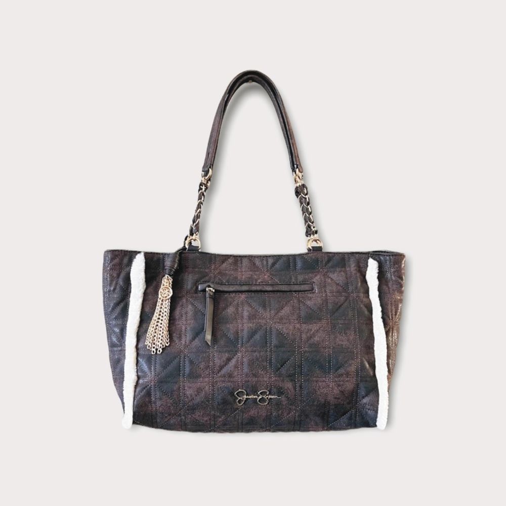 NWT Jessica Simpson Nordia Brown Quilted Faux Fir trim Tote Shoulder Bag